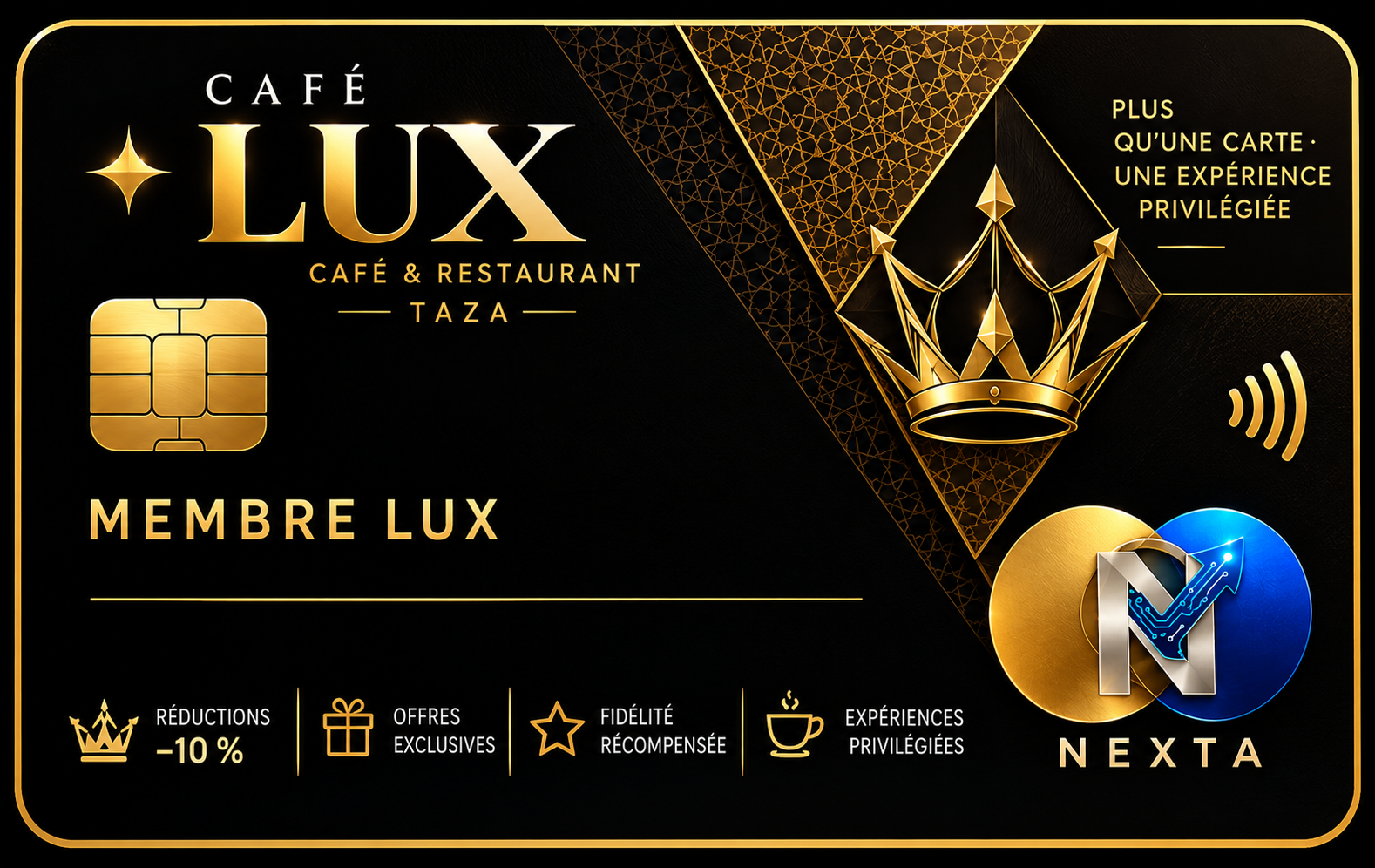 Carte LUX noire et or avec emblème NEXTA et avantage de dix pour cent